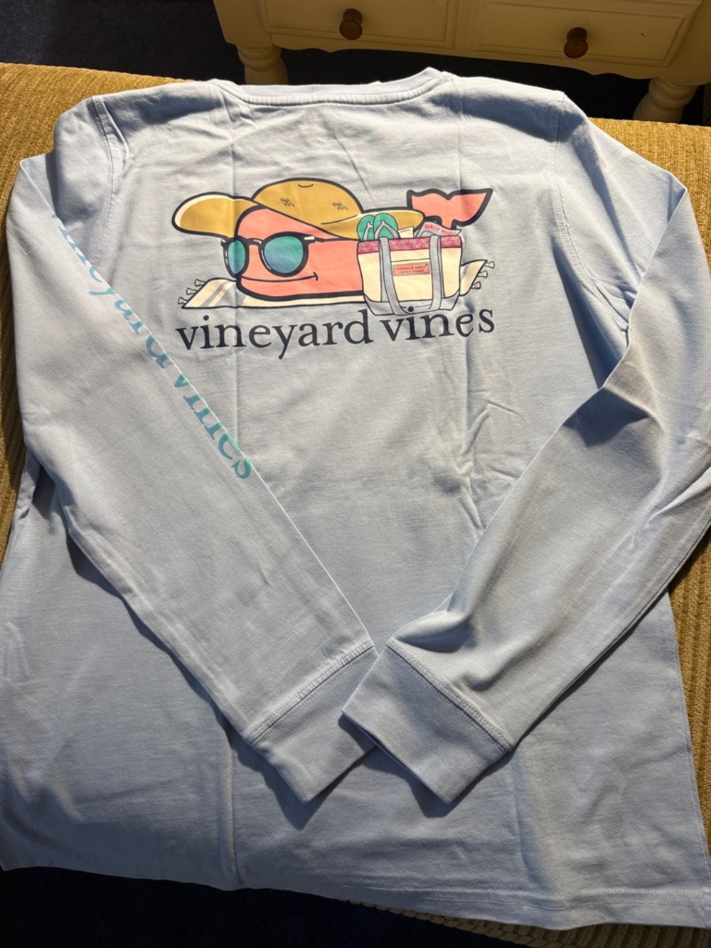 Vineyard Vines Pale Blue Long Sleeve Pocket Tee with Sunglass Whale - Picture 3 of 3